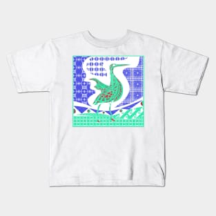 egret bird in talavera nest in mexican pattern art ecopop in blue jade Kids T-Shirt